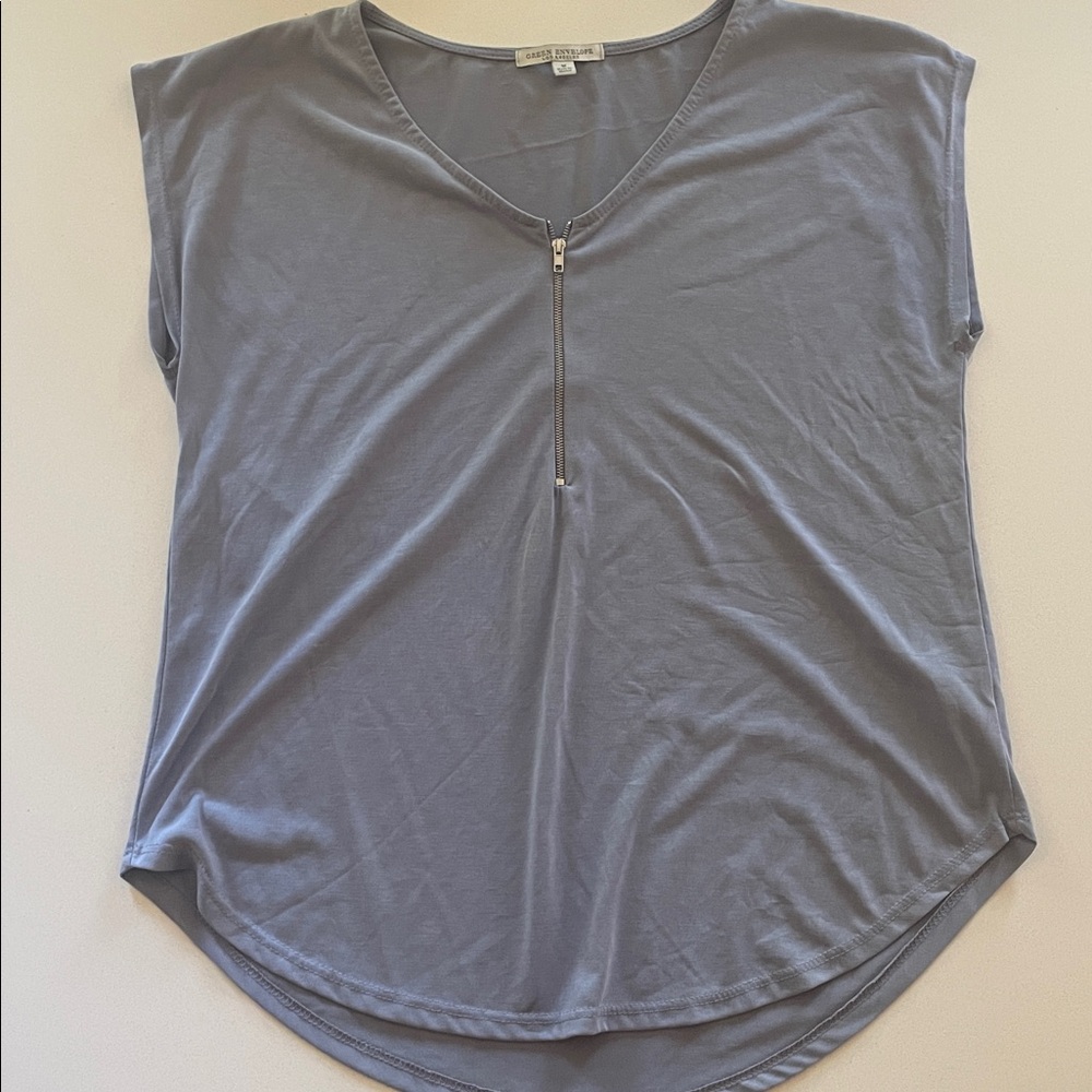 Green Envelope Blue Gray Suede feel V-Neck Zippered Top|Medium